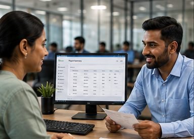 A payroll summary being reviewed on screen with a colleague