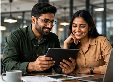 Two business partners reviewing their new company registration on a tablet