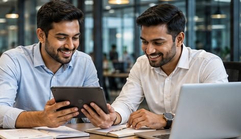 Two business partners reviewing their registration paperwork together on a tablet